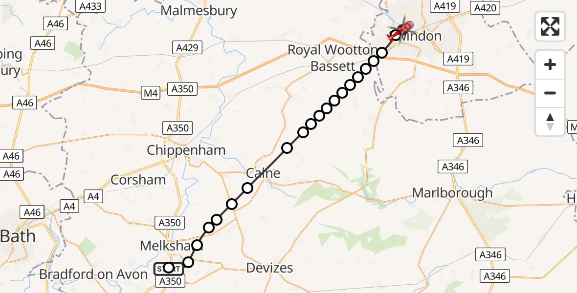 Flight path map showing Air Ambulance Helicopter route from Wiltshire Air Ambulance to Swindon