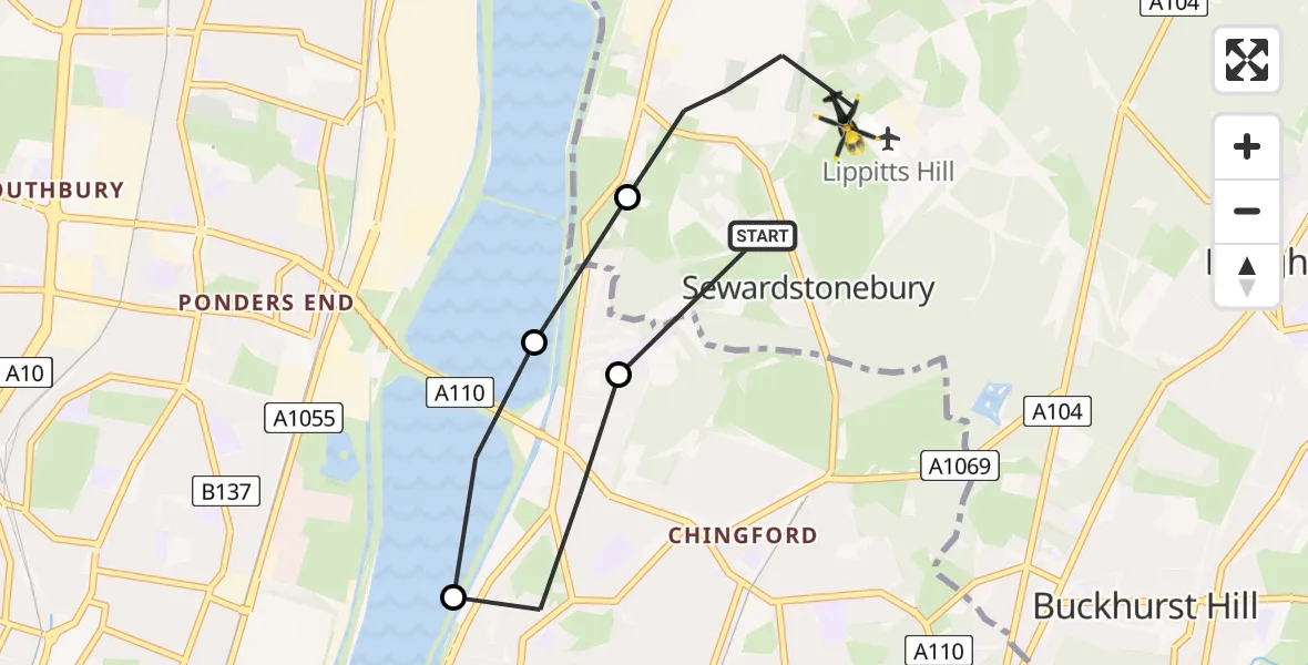 Flight path map showing Police Helicopter route from Chingford to Sewardstonebury