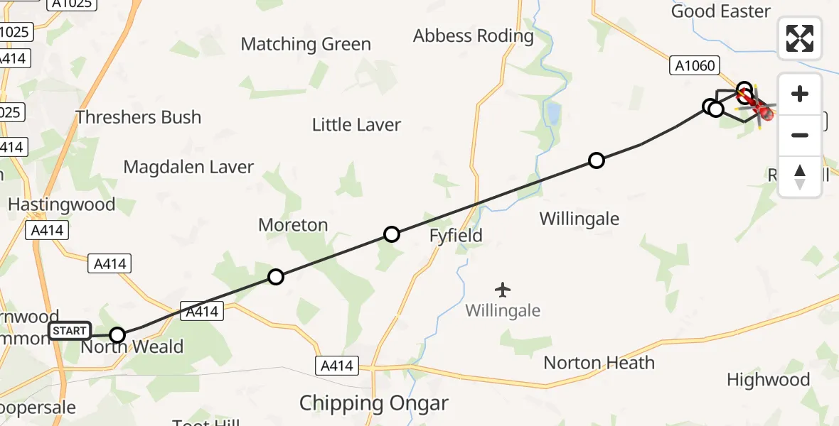 Flight path map showing Air Ambulance Helicopter route from North Weald Airfield to Roxwell
