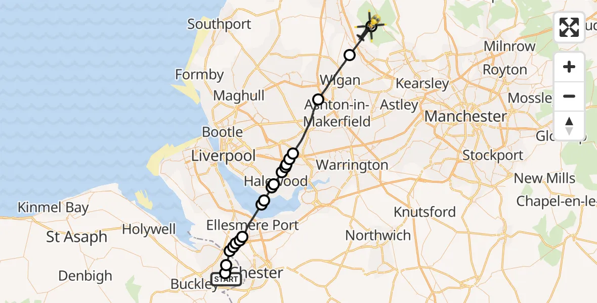 Flight path map showing Police Helicopter route from Hawarden Airport to Chorley