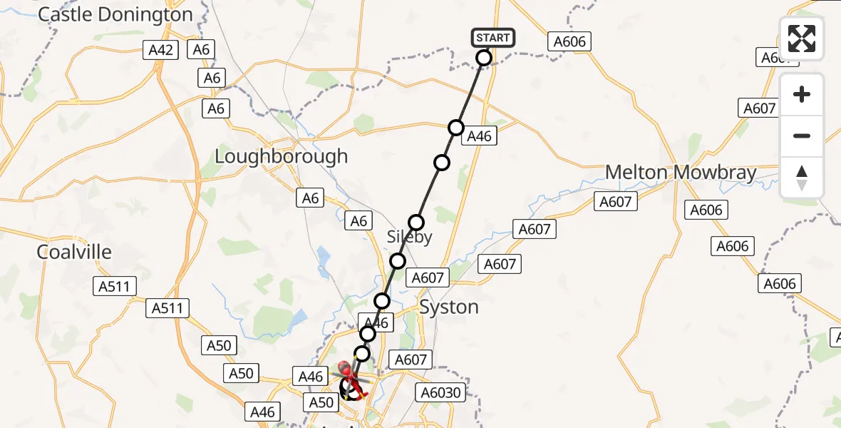Flight path map showing Air Ambulance Helicopter route from Willoughby on the Wolds to Mowmacre Hill