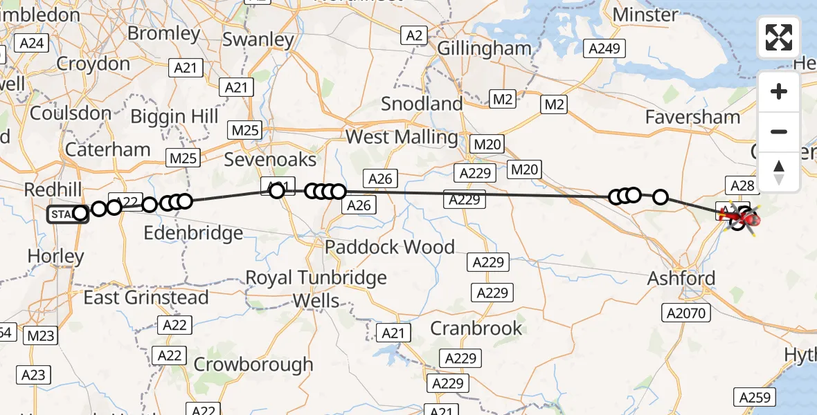 Flight path map showing Air Ambulance Helicopter route from Redhill Aerodrome to Ashford
