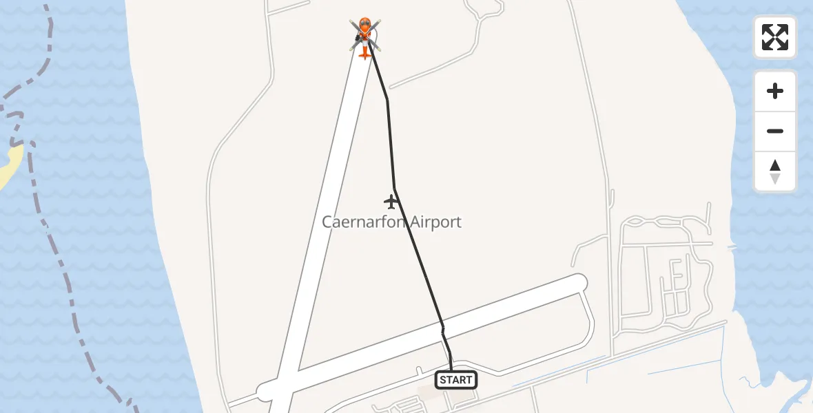 Flight path map showing Coastguard Helicopter route from Caernarfon Airport to Caernarfon Airport