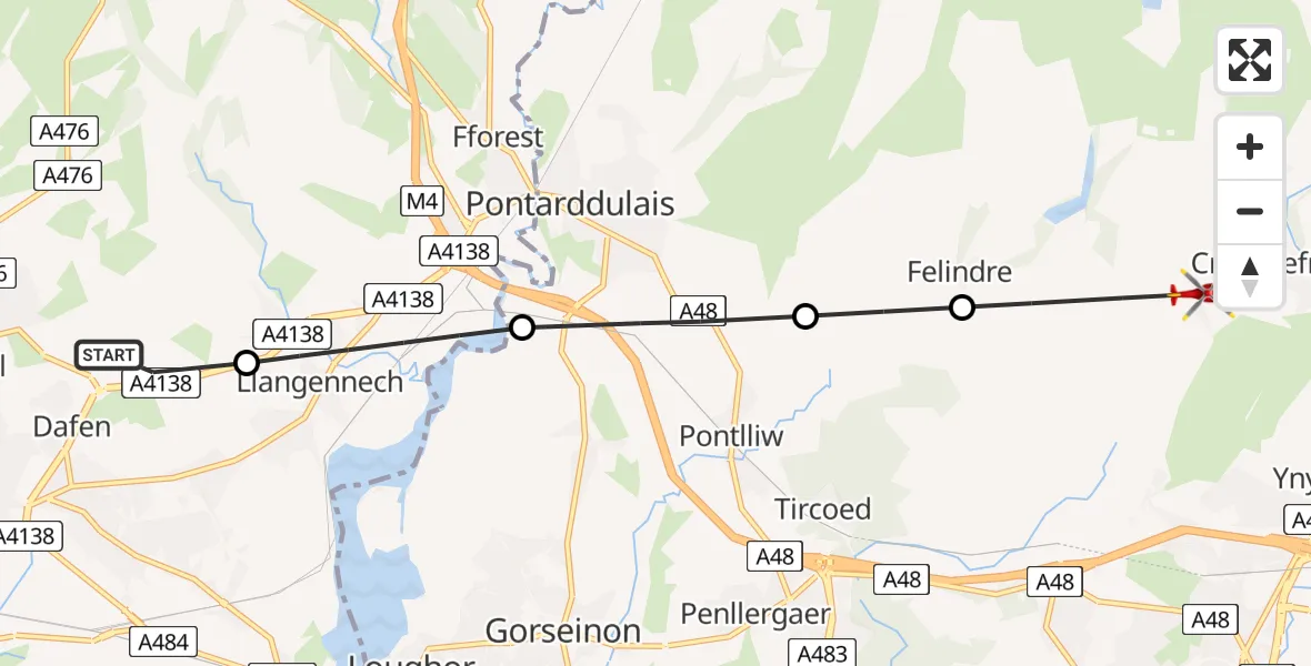 Flight path map showing Air Ambulance Helicopter route from Dafen to Felindre