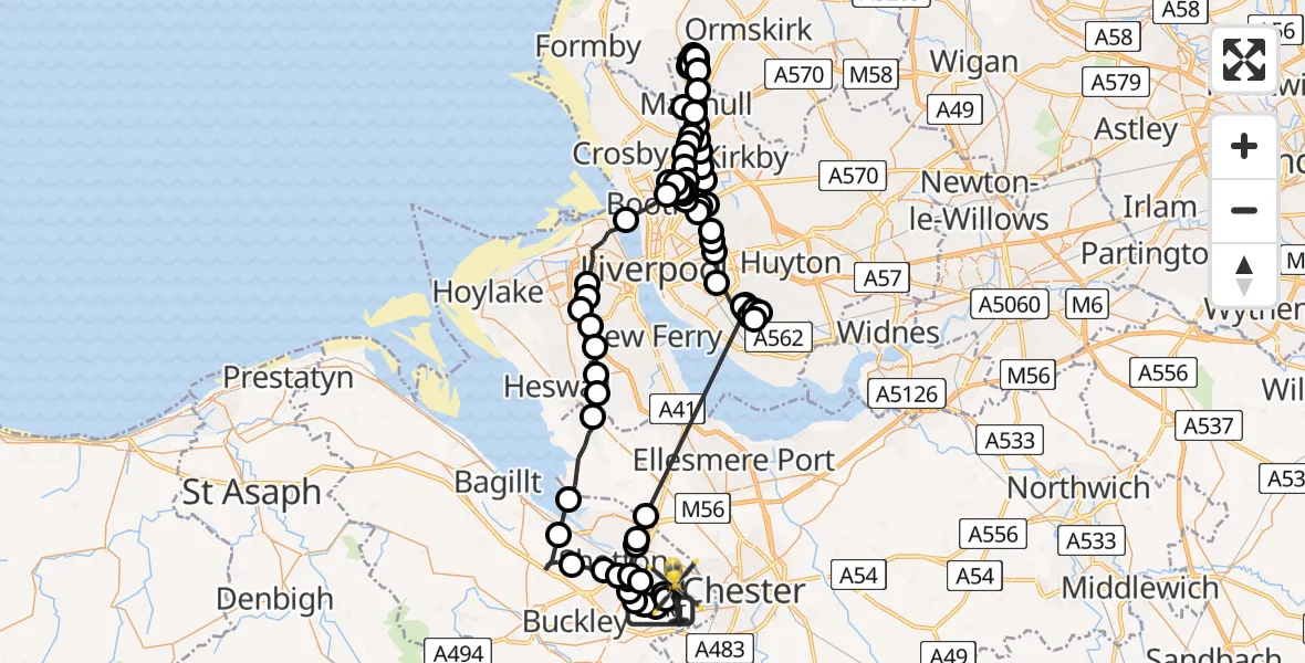 Flight path map showing Police Helicopter route from Hawarden Airport to Saltney Ferry