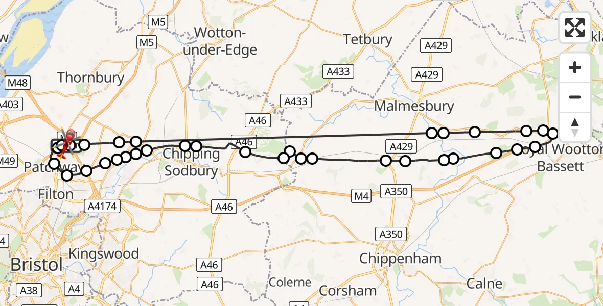 Flight path map showing Air Ambulance Helicopter route from Almondsbury Helicopter Base to Almondsbury Helicopter Base