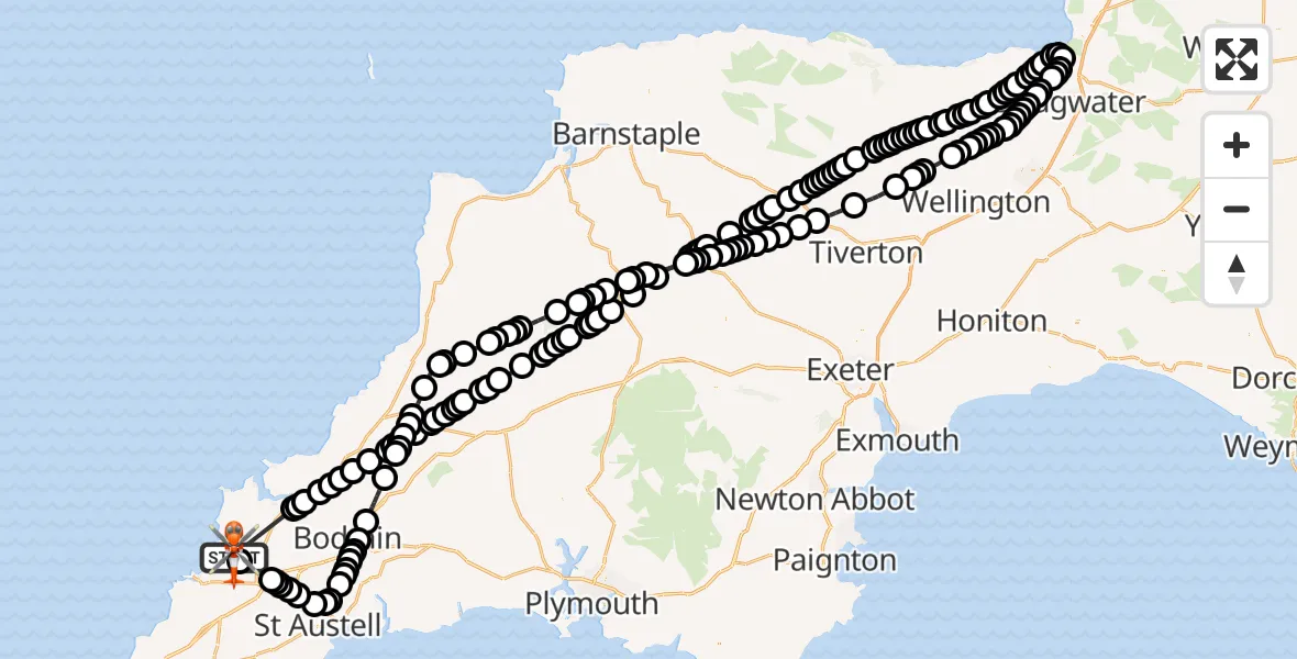 Flight path map showing Coastguard Helicopter route from Cornwall Airport Newquay to Cornwall Airport Newquay