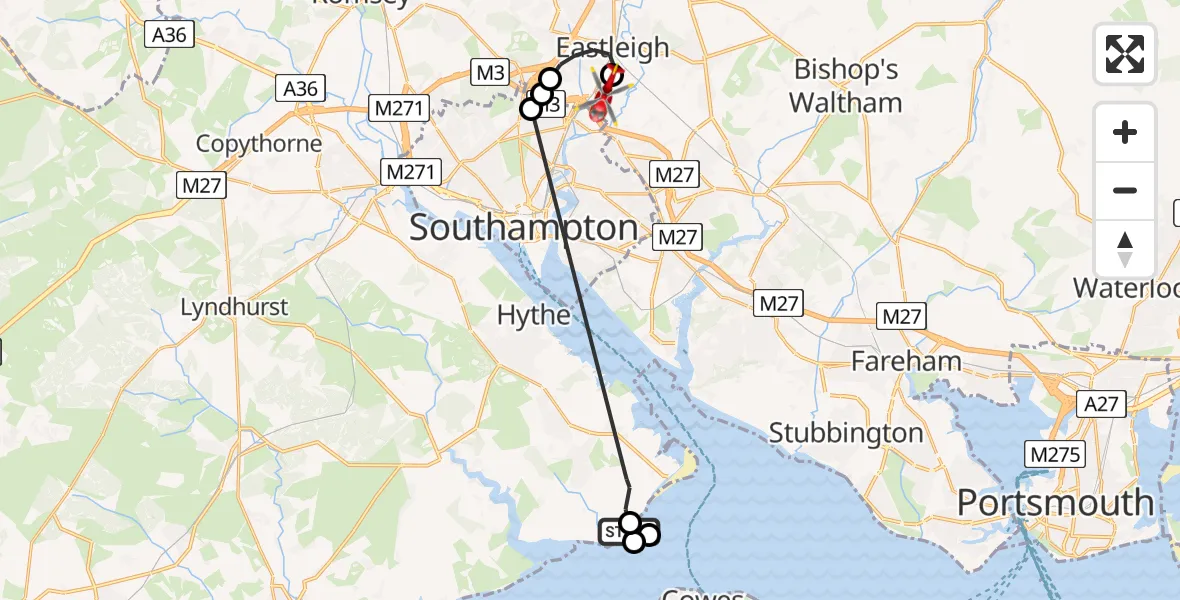 Flight path map showing Air Ambulance Helicopter route from Calshot to Southampton Airport