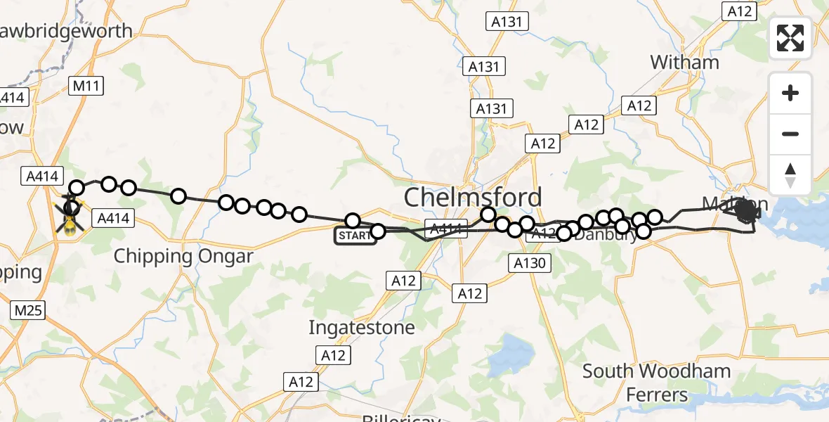 Flight path map showing Police Helicopter route from Highwood to North Weald Airfield