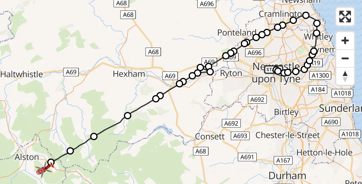 Flight path map showing Air Ambulance Helicopter route from Newcastle Royal Victoria Infirmary to Alston Moor
