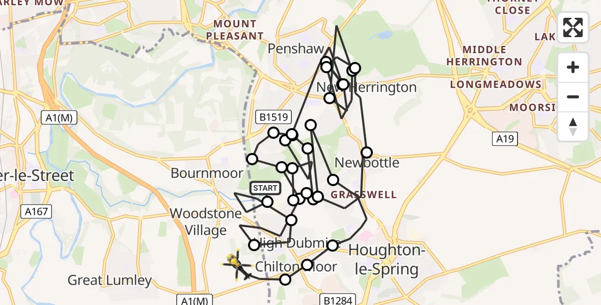 Flight path map showing Police Helicopter route from Bournmoor to Woodstone Village