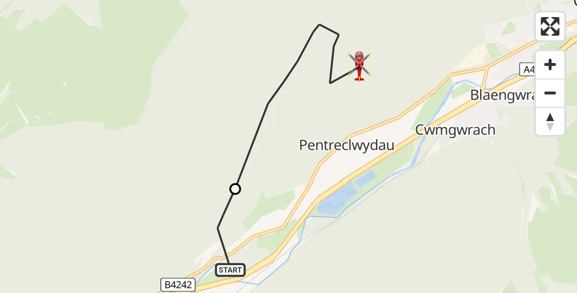 Flight path map showing Air Ambulance Helicopter route from Abergarwed to Glynneath