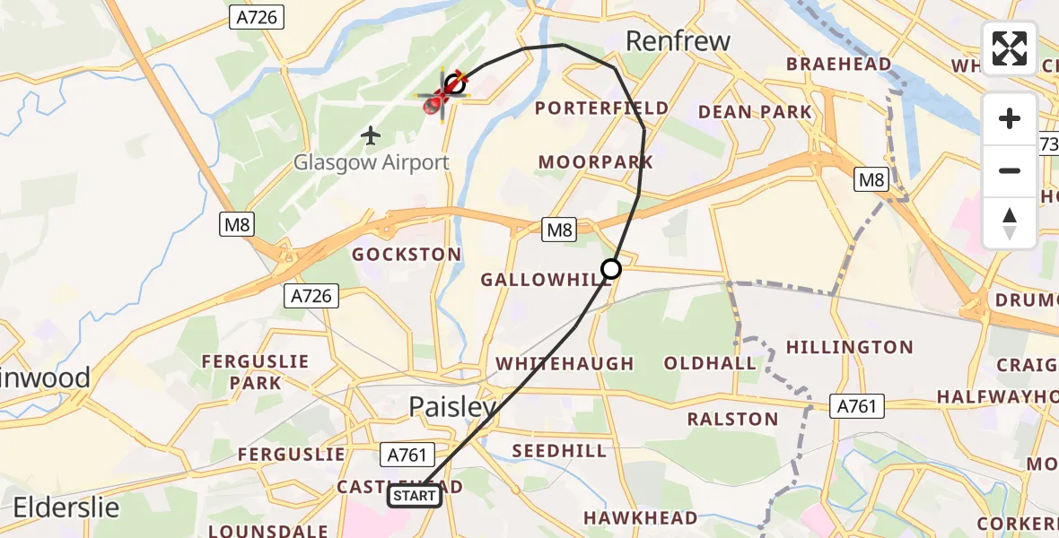 Flight path map showing Air Ambulance Helicopter route from Paisley to Glasgow Airport