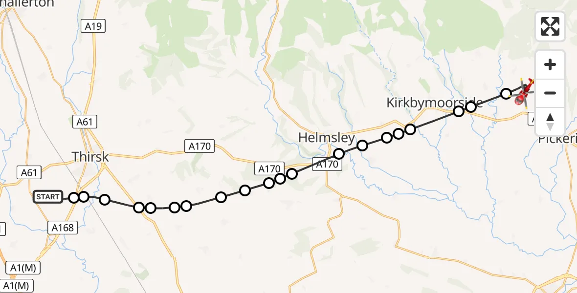 Flight path map showing Air Ambulance Helicopter route from RAF Topcliffe to Cropton