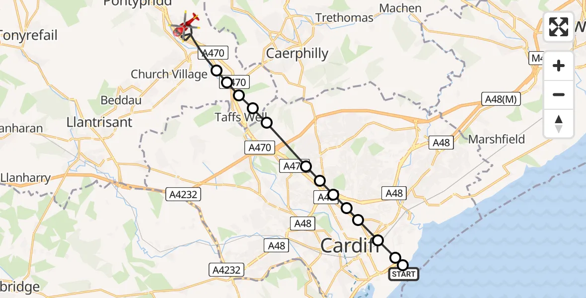 Flight path map showing Air Ambulance Helicopter route from Cardiff Heliport to Pontypridd