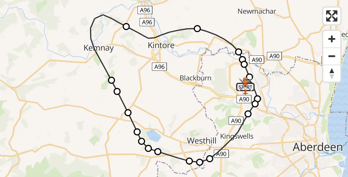 Flight path map showing Coastguard Helicopter route from Aberdeen International Airport to Aberdeen International Airport