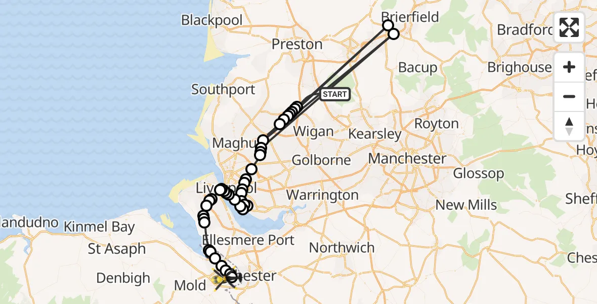 Flight path map showing Police Helicopter route from Chorley to Broughton