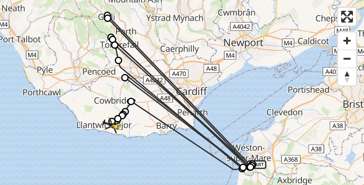 Flight path map showing Police Helicopter route from Hutton to Boverton