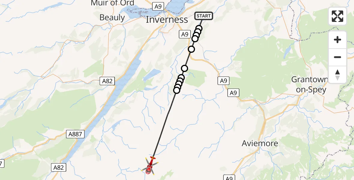 Flight path map showing Air Ambulance Helicopter route from Newlands of Culloden to Highland