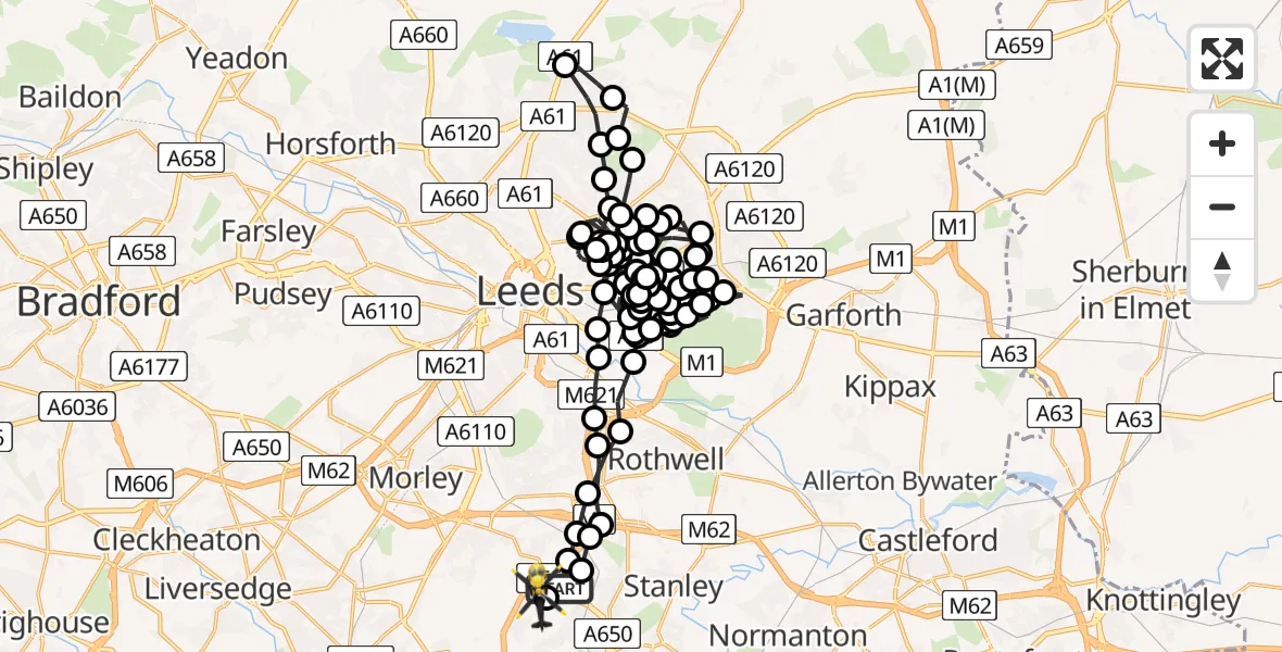 Flight path map showing Police Helicopter route from Carr Gate to Wrenthorpe