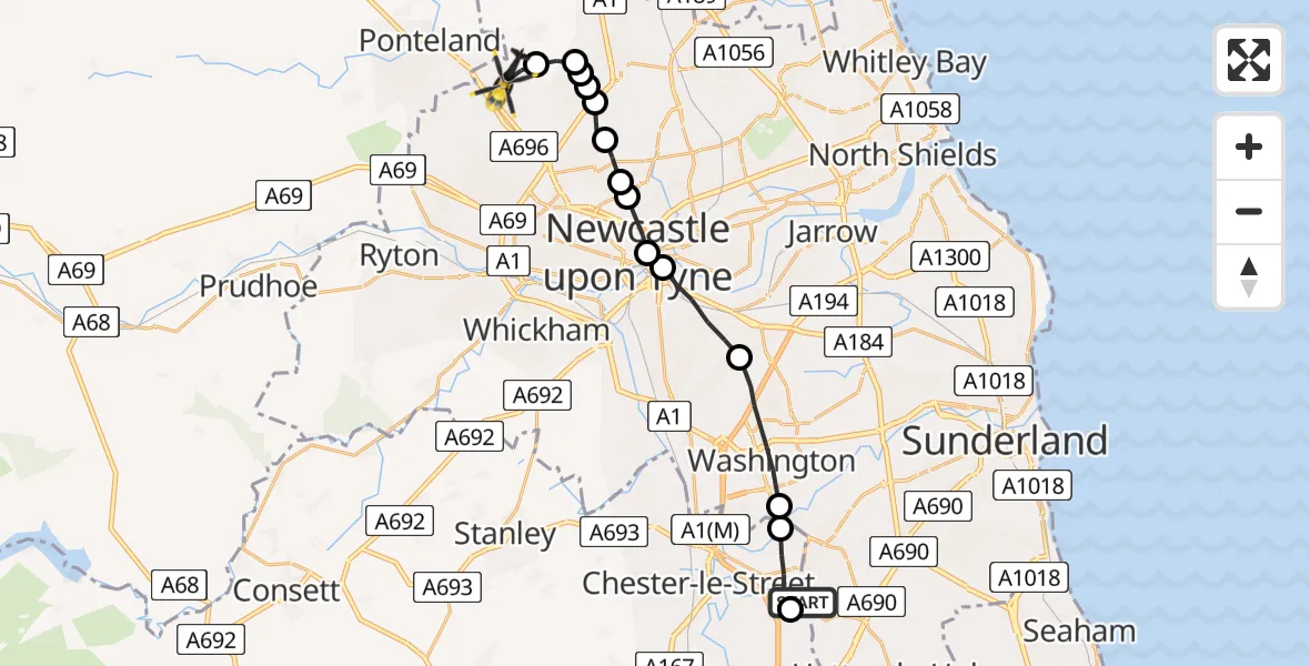 Flight path map showing Police Helicopter route from Fence Houses to Newcastle International Airport
