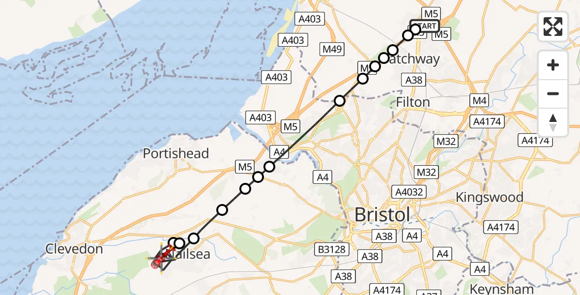 Flight path map showing Air Ambulance Helicopter route from Almondsbury Helicopter Base to Nailsea