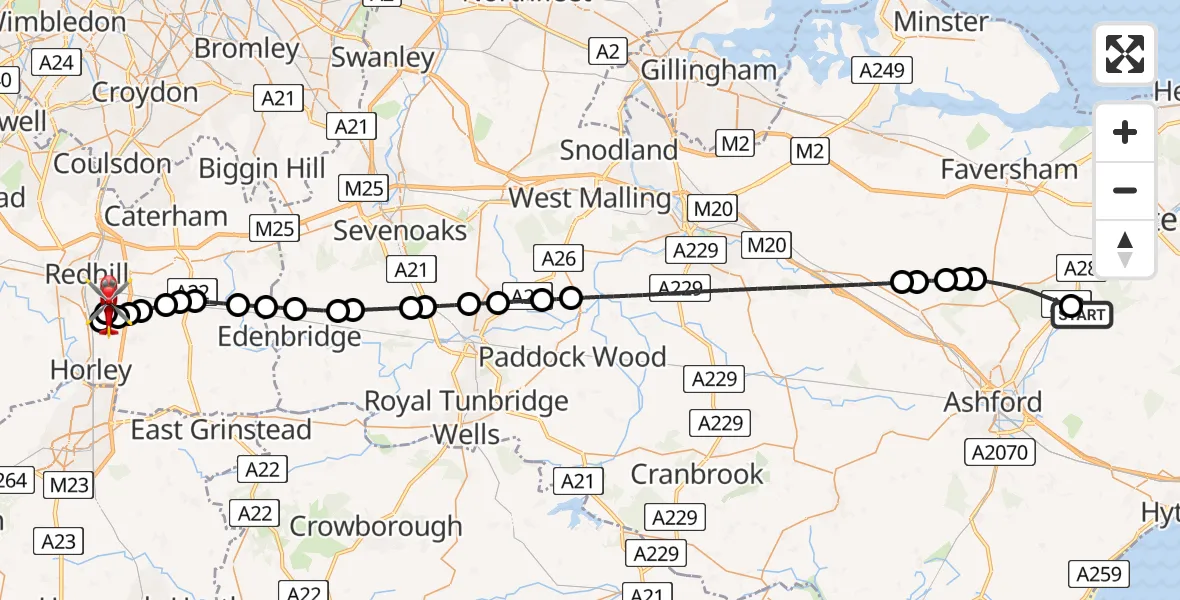 Flight path map showing Air Ambulance Helicopter route from Godmersham to Redhill Aerodrome