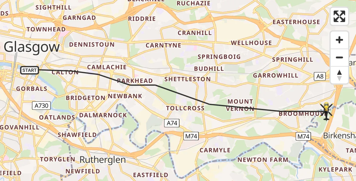 Flight path map showing Police Helicopter route from Glasgow to Glasgow