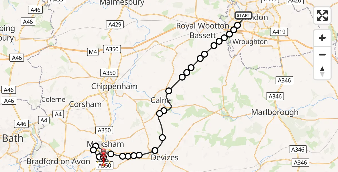 Flight path map showing Air Ambulance Helicopter route from Swindon to Wiltshire Air Ambulance
