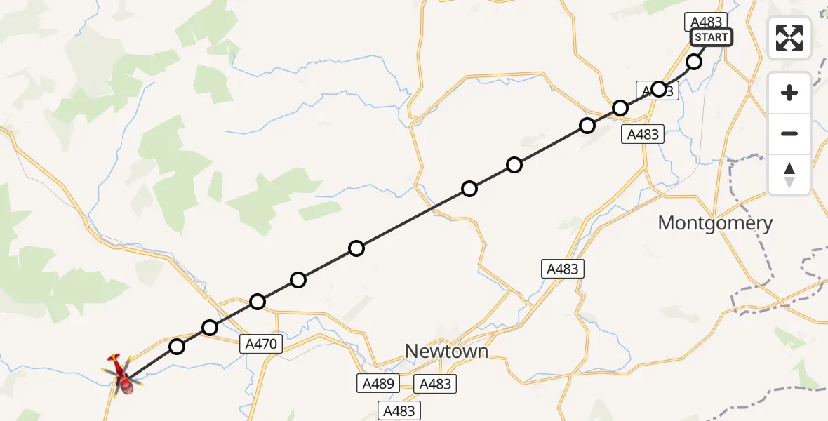 Flight path map showing Air Ambulance Helicopter route from Welshpool Airport to Trefeglwys