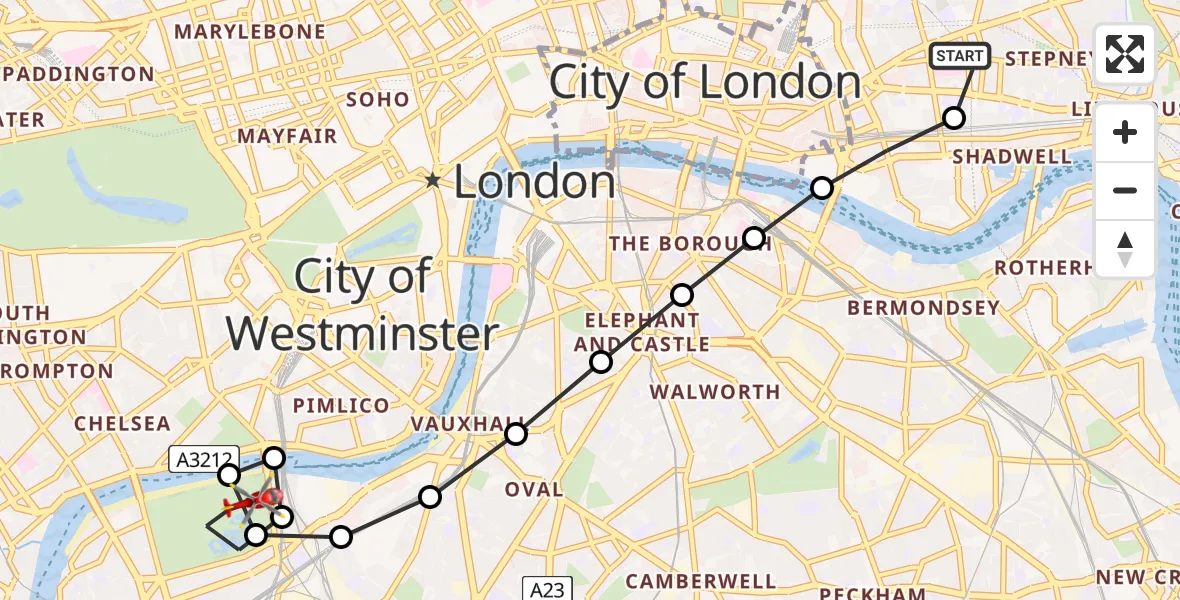 Flight path map showing Air Ambulance Helicopter route from Royal London Hospital to Clapham Junction