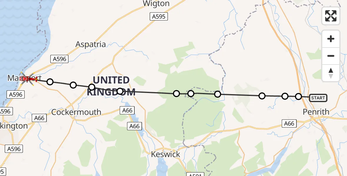 Flight path map showing Air Ambulance Helicopter route from Penrith to Maryport