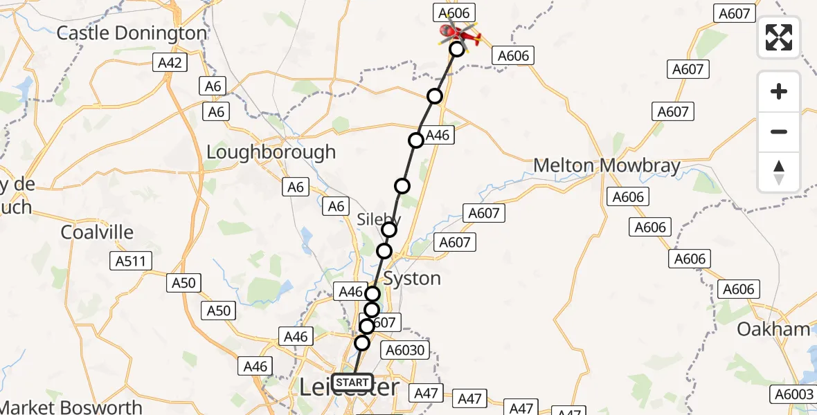 Flight path map showing Air Ambulance Helicopter route from St Matthew's to Nottingham Heliport