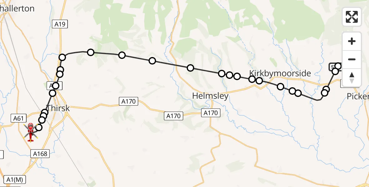Flight path map showing Air Ambulance Helicopter route from Wrelton to RAF Topcliffe