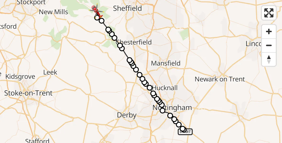 Flight path map showing Air Ambulance Helicopter route from Widmerpool to Bamford