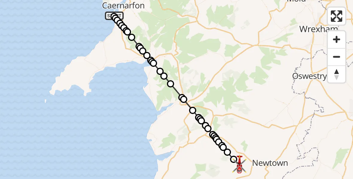 Flight path map showing Air Ambulance Helicopter route from Caernarfon Airport to Trefeglwys