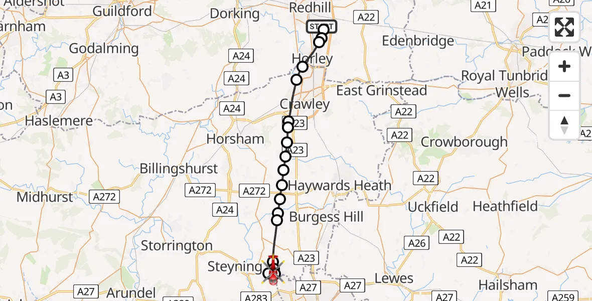 Flight path map showing Air Ambulance Helicopter route from Redhill Aerodrome to Horsham