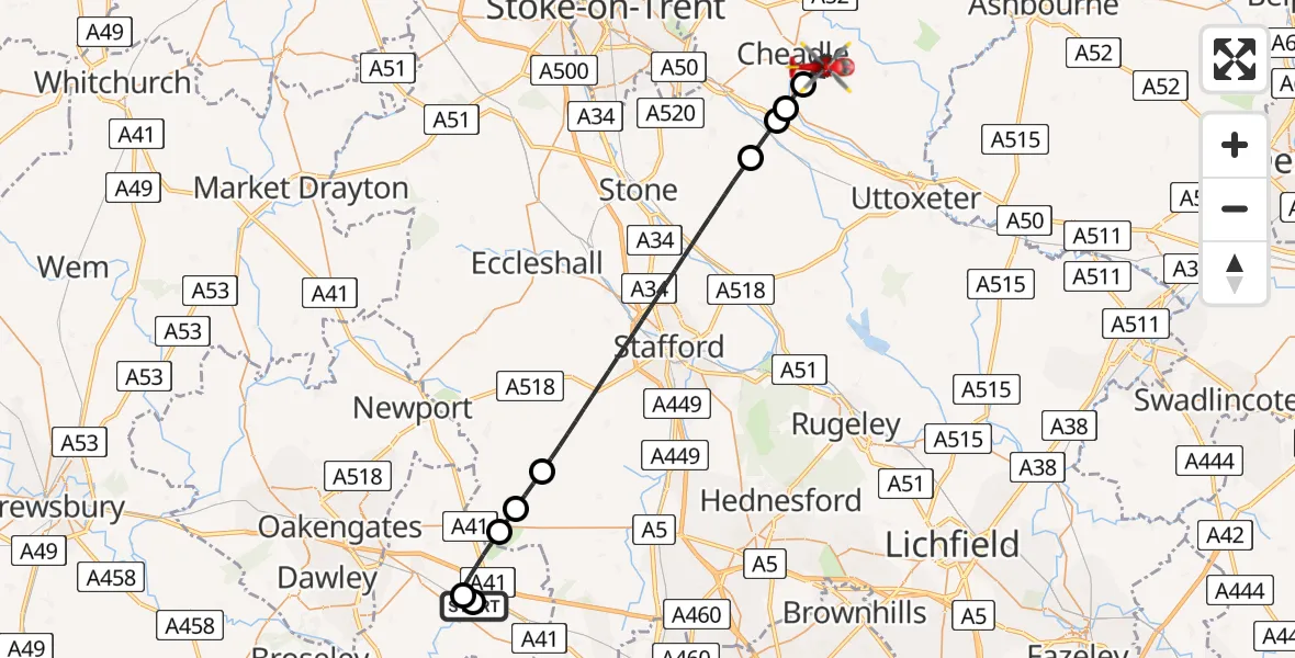 Flight path map showing Air Ambulance Helicopter route from RAF Cosford to Cheadle