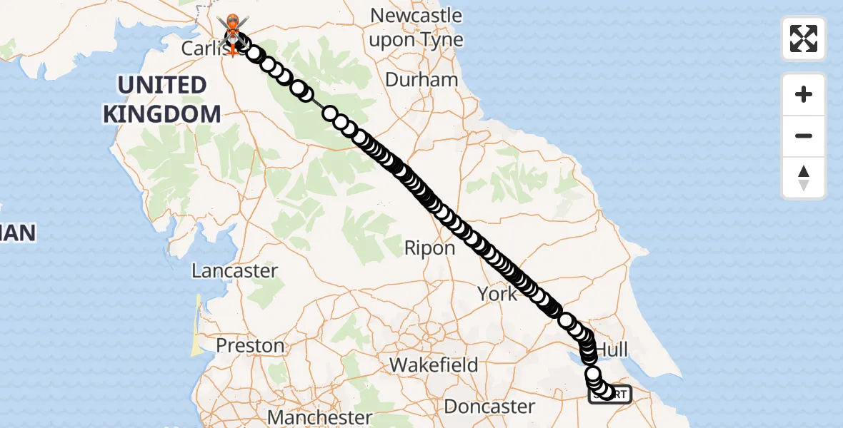 Flight path map showing Coastguard Helicopter route from Humberside Airport to Carlisle Lake District Airport