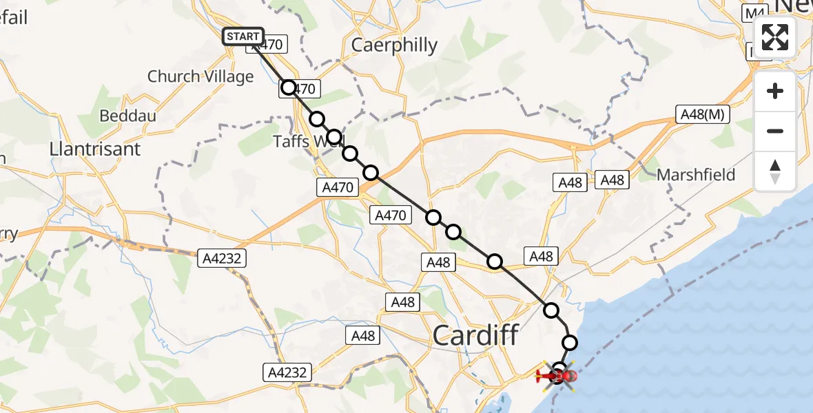 Flight path map showing Air Ambulance Helicopter route from Pontypridd to Cardiff Heliport