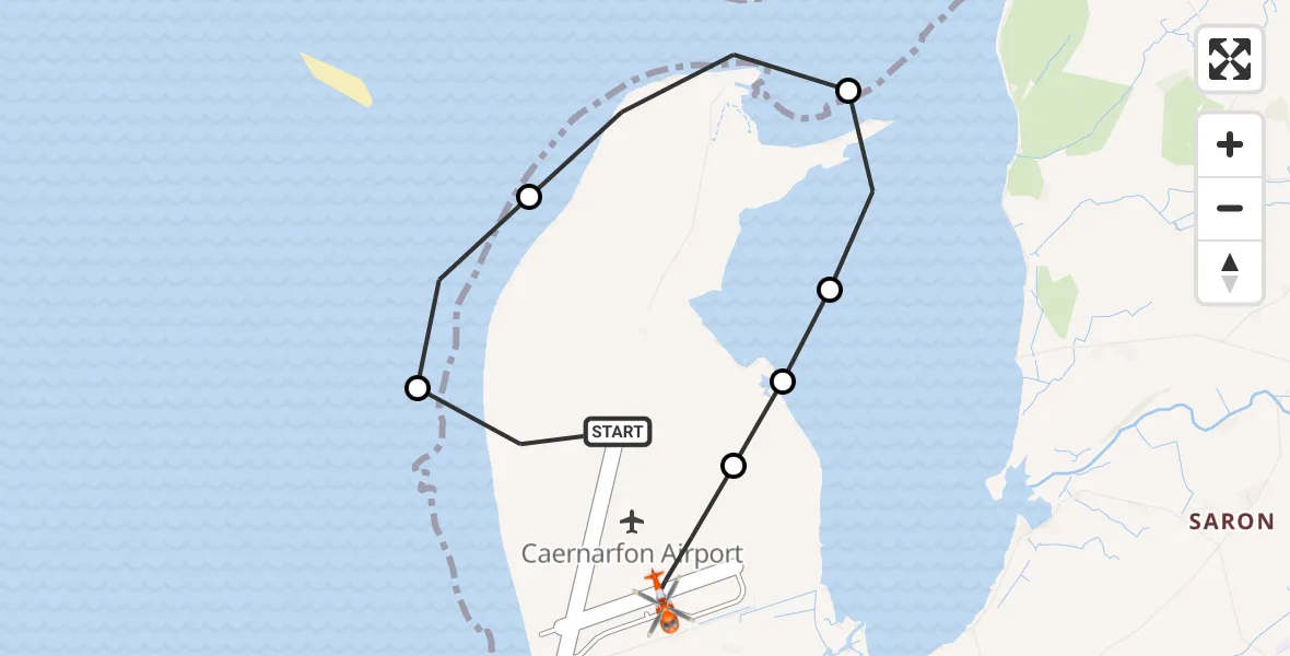Flight path map showing Coastguard Helicopter route from Caernarfon Airport to Caernarfon Airport