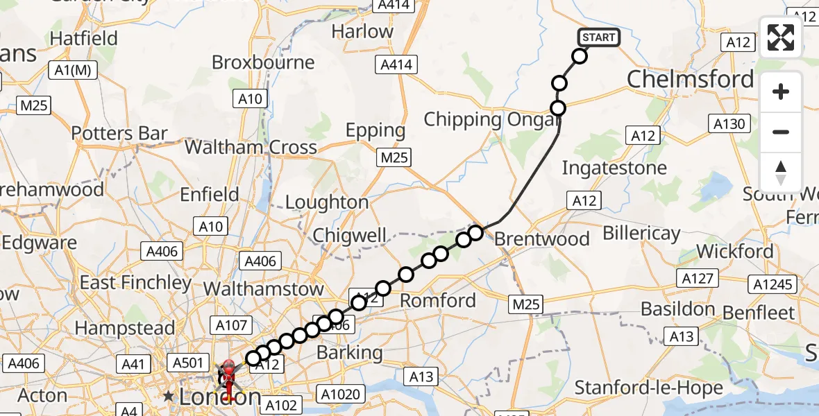 Flight path map showing Air Ambulance Helicopter route from Roxwell to Royal London Hospital