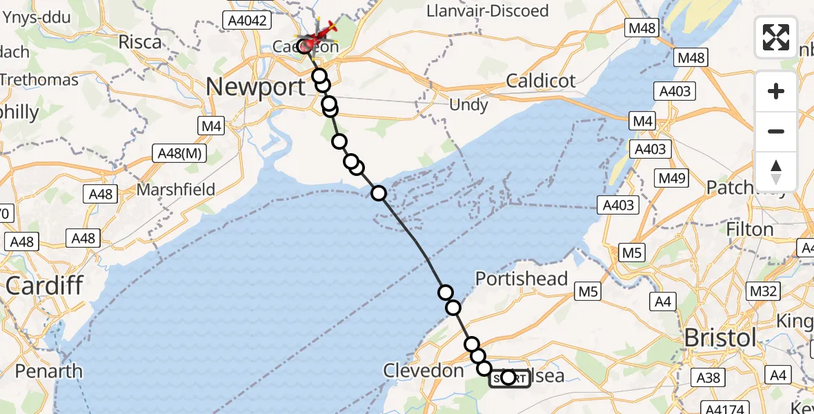 Flight path map showing Air Ambulance Helicopter route from Bristol to Caerleon