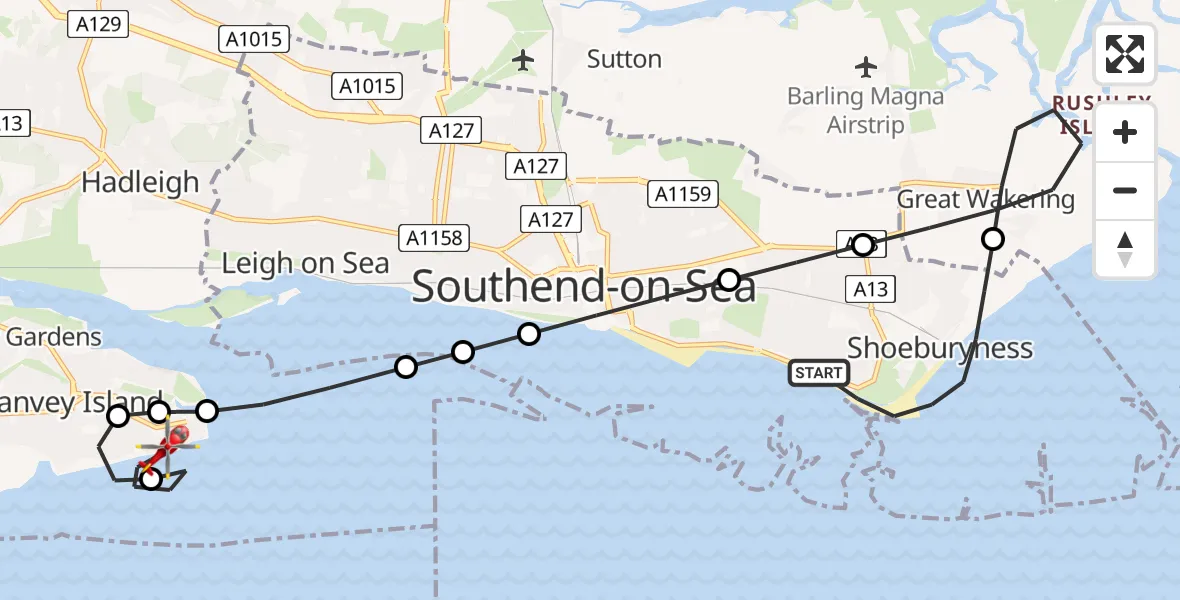 Flight path map showing Air Ambulance Helicopter route from Shoeburyness to Leigh Beck