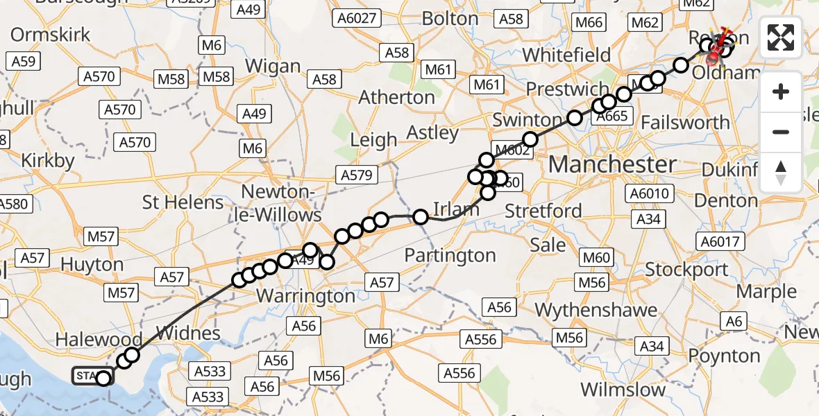 Flight path map showing Air Ambulance Helicopter route from Liverpool John Lennon Airport to Royton