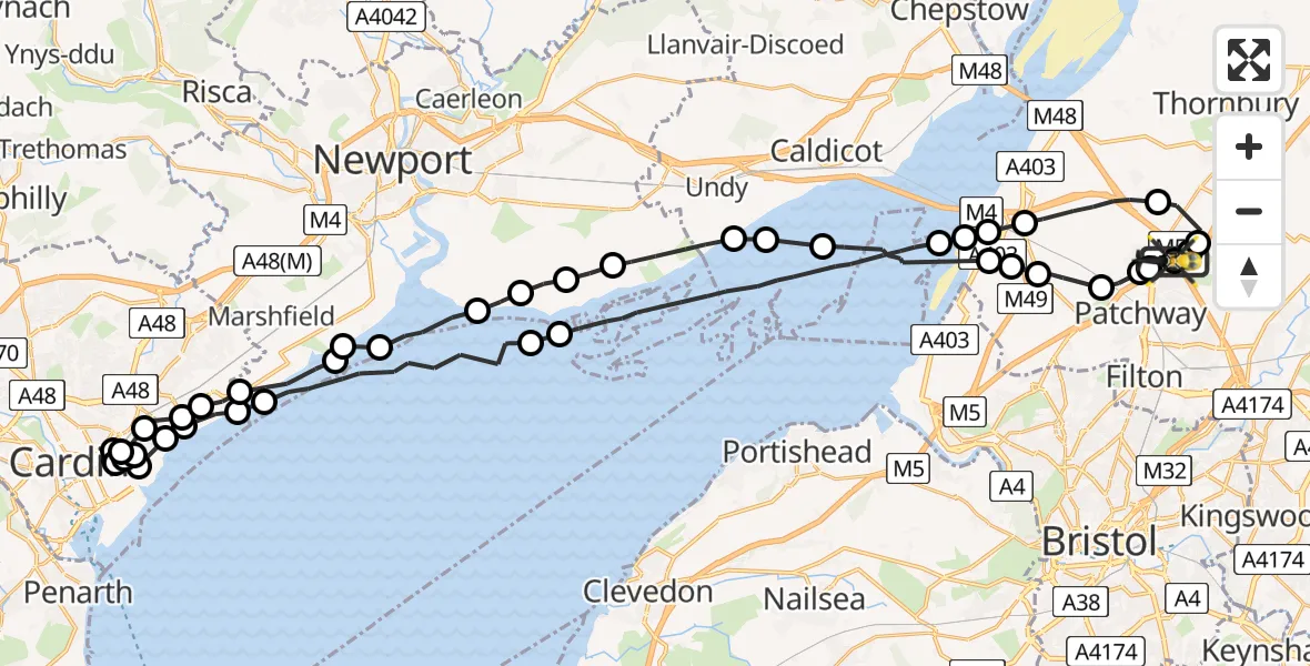 Flight path map showing Police Helicopter route from Almondsbury Helicopter Base to Almondsbury Helicopter Base