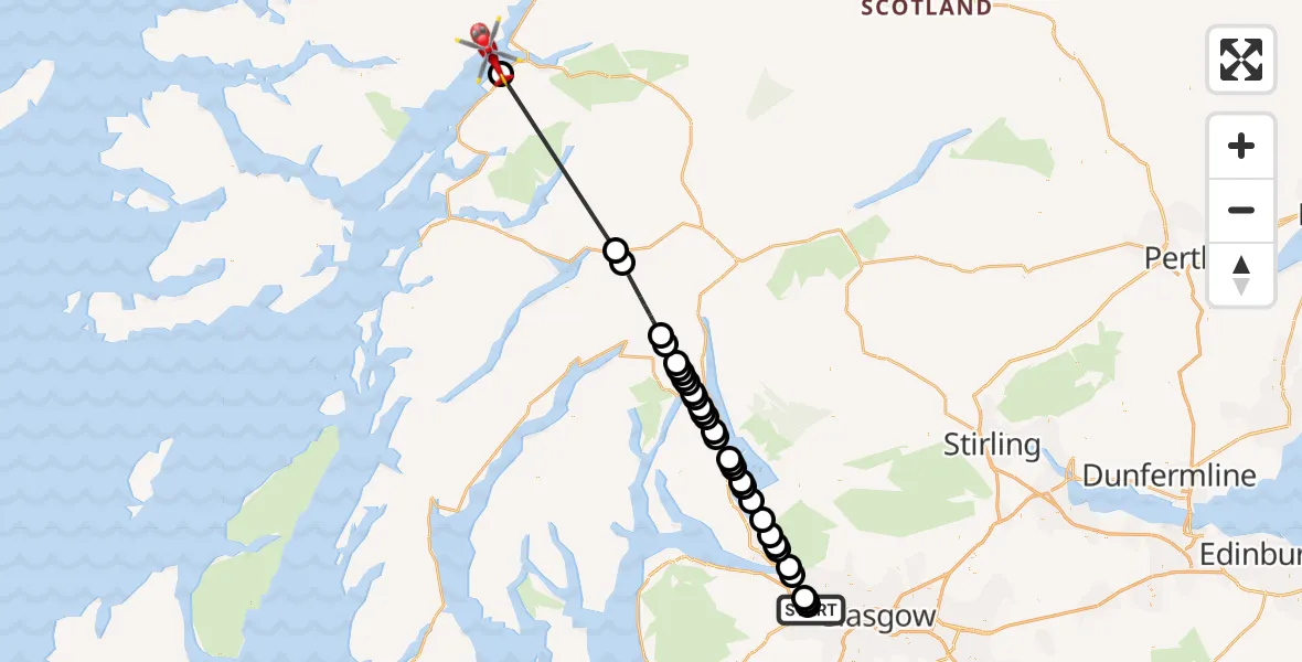 Flight path map showing Air Ambulance Helicopter route from Glasgow Airport to Inner Seas