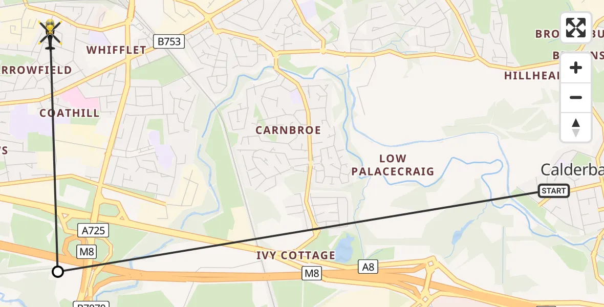 Flight path map showing Police Helicopter route from Calderbank to Coatbridge