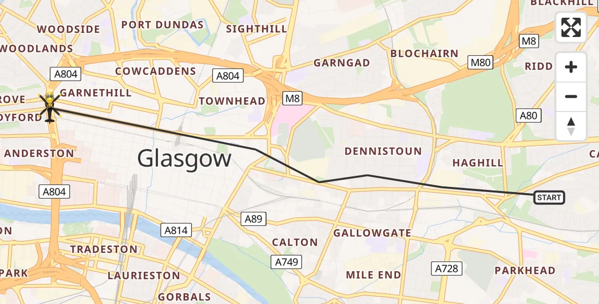 Flight path map showing Police Helicopter route from Glasgow to Glasgow