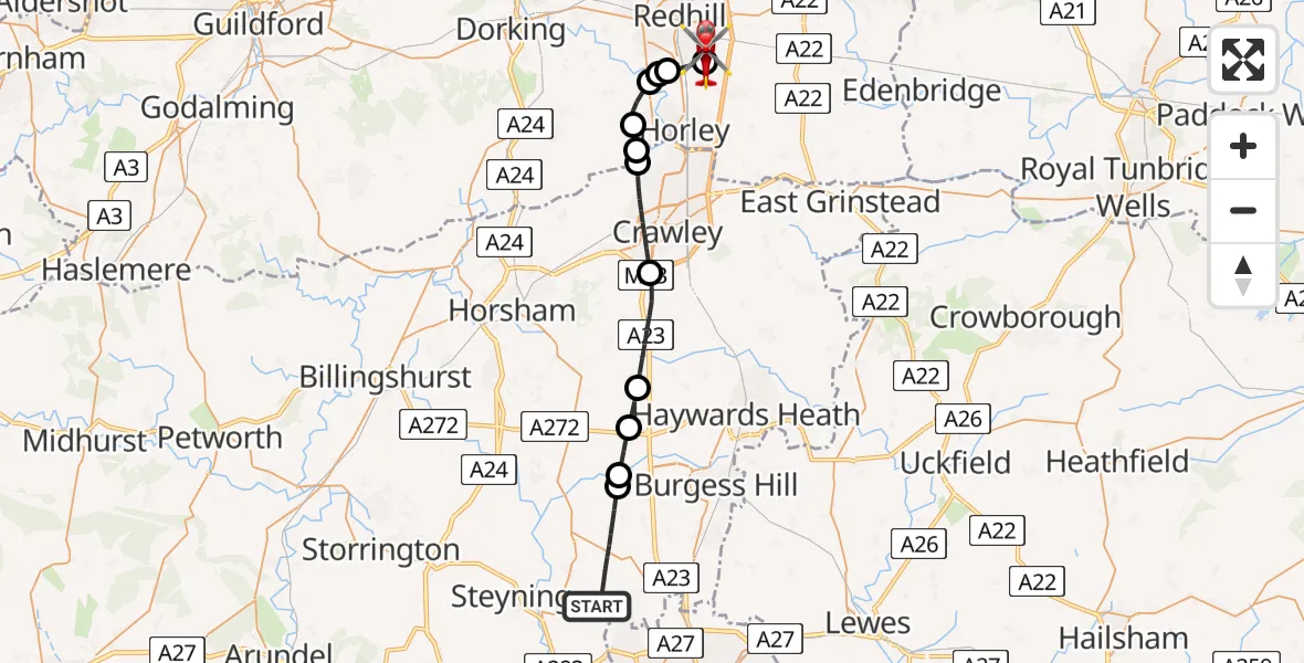 Flight path map showing Air Ambulance Helicopter route from Horsham to Redhill Aerodrome